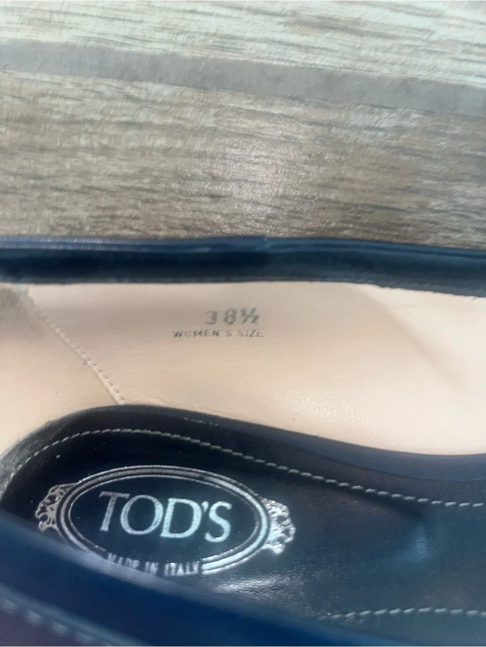 TOD'S Navy Leather Peep-Toe Flats with Bow Accent